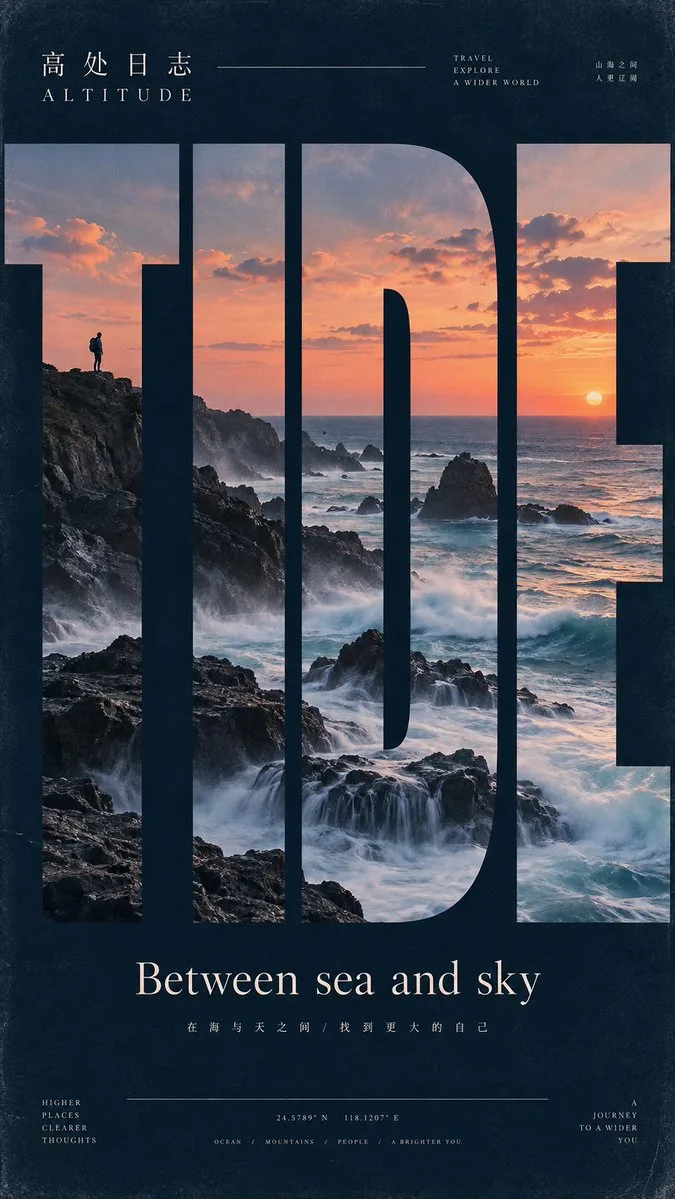 Cinematic travel poster with oversized letters framing a serene landscape photograph. (2)