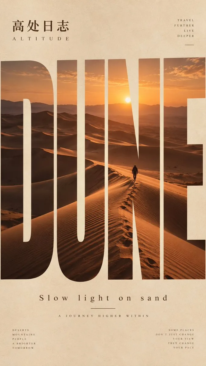 Cinematic travel poster with oversized letters framing a serene landscape photograph. (3)