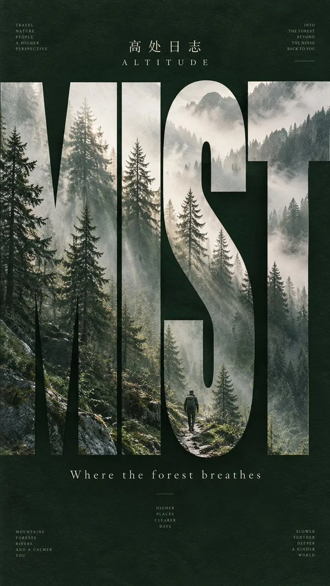 Cinematic travel poster with oversized letters framing a serene landscape photograph. (4)