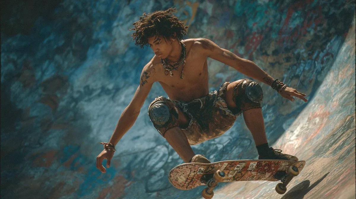 A Black teenager performing a skateboard trick in a graffiti-covered skate park.