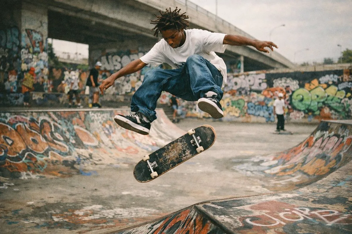 A Black teenager performing a skateboard trick in a graffiti-covered skate park. (2)