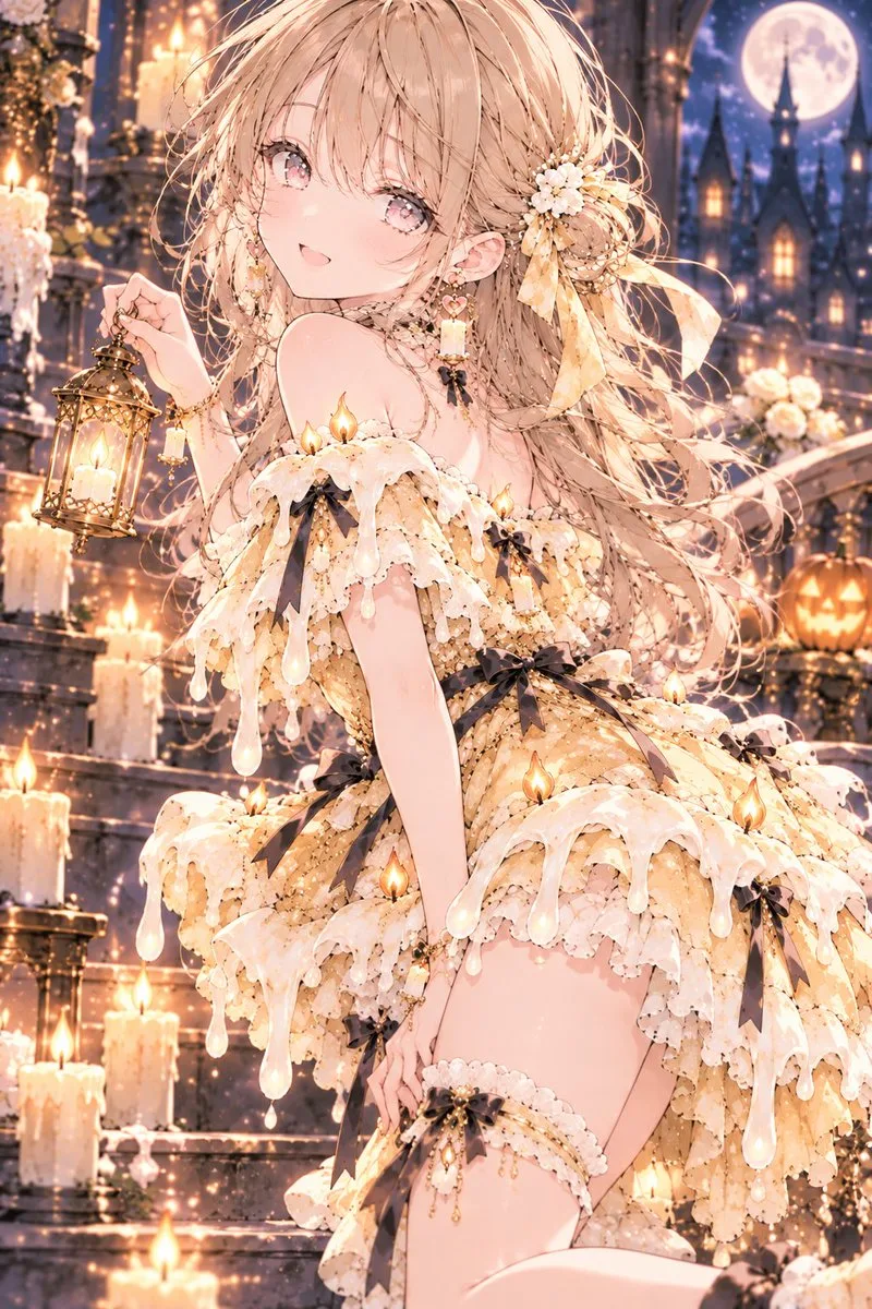 A girl in a honey-colored dress with white melting wax details for Halloween.