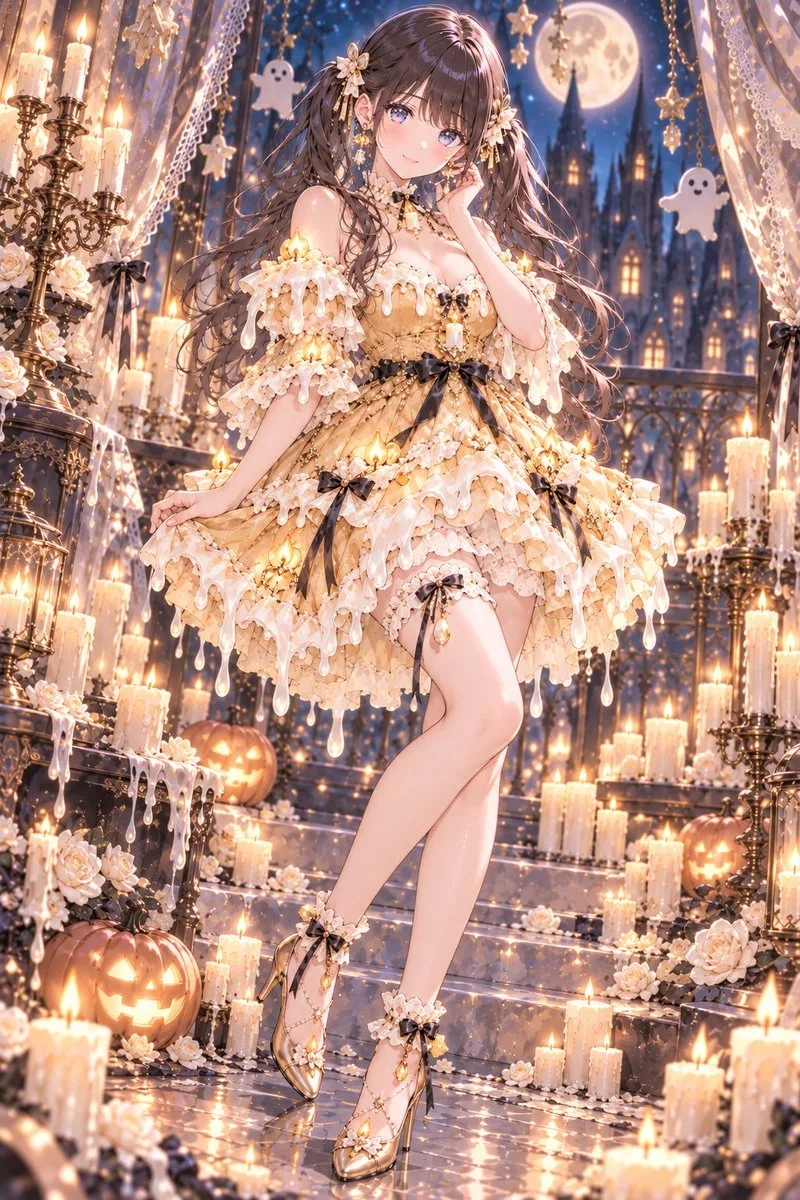 A girl in a honey-colored dress with white melting wax details for Halloween. (2)
