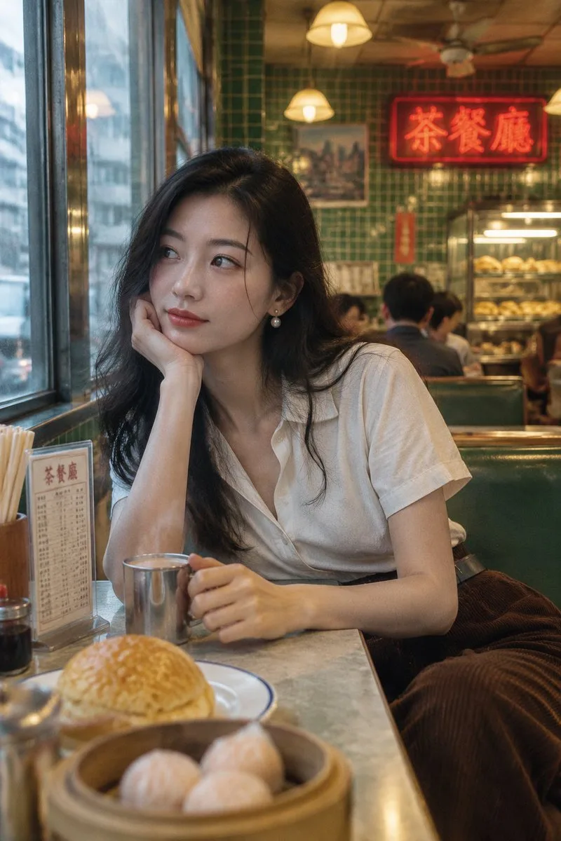 Young woman relaxing in a vintage Hong Kong cafe with milk tea and dim sum.