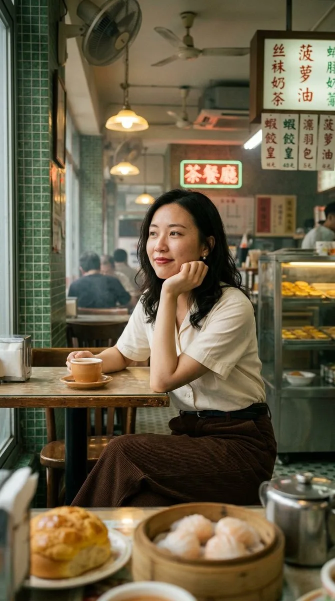 Young woman relaxing in a vintage Hong Kong cafe with milk tea and dim sum. (2)