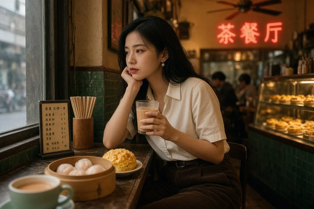 Young woman relaxing in a vintage Hong Kong cafe with milk tea and dim sum. (3)