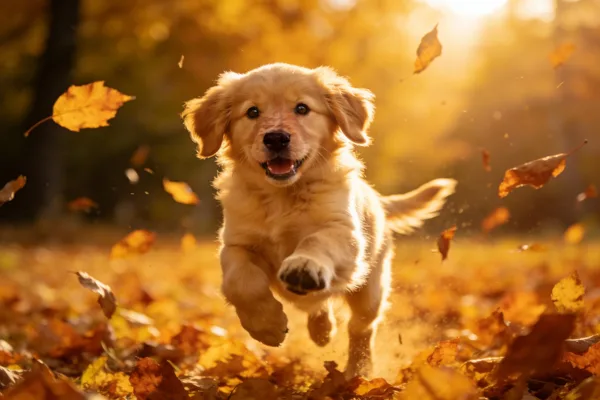 Golden retriever puppy jumping joyfully in autumn leaves with golden sunlight.