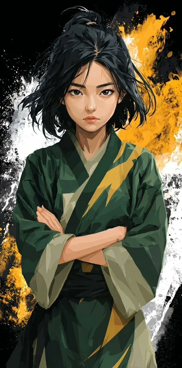 Determined anime girl in a green martial arts robe with lightning patterns against an ink splatter background.