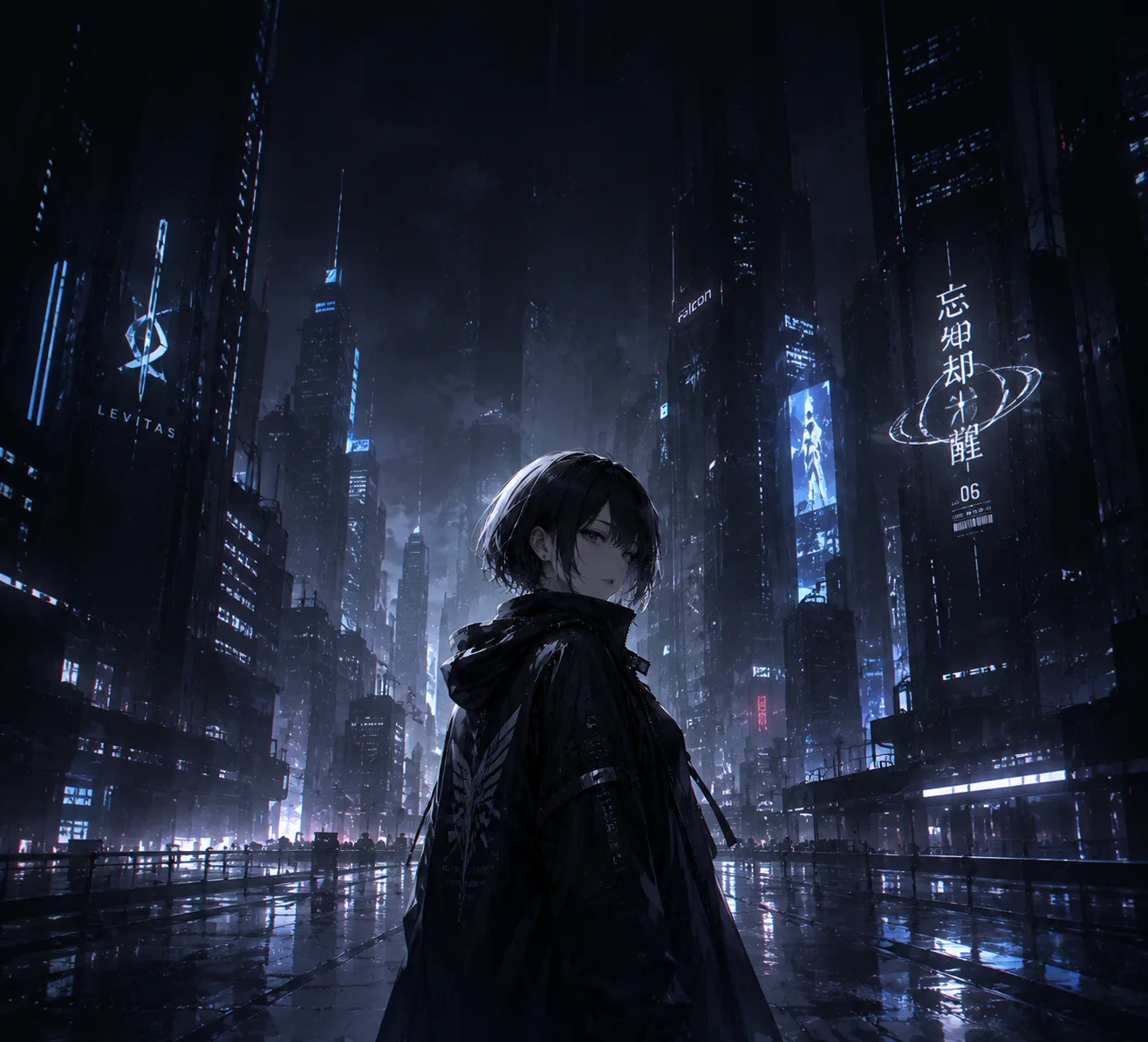 Short-haired anime girl with futuristic elements, dark aesthetic smartphone wallpaper