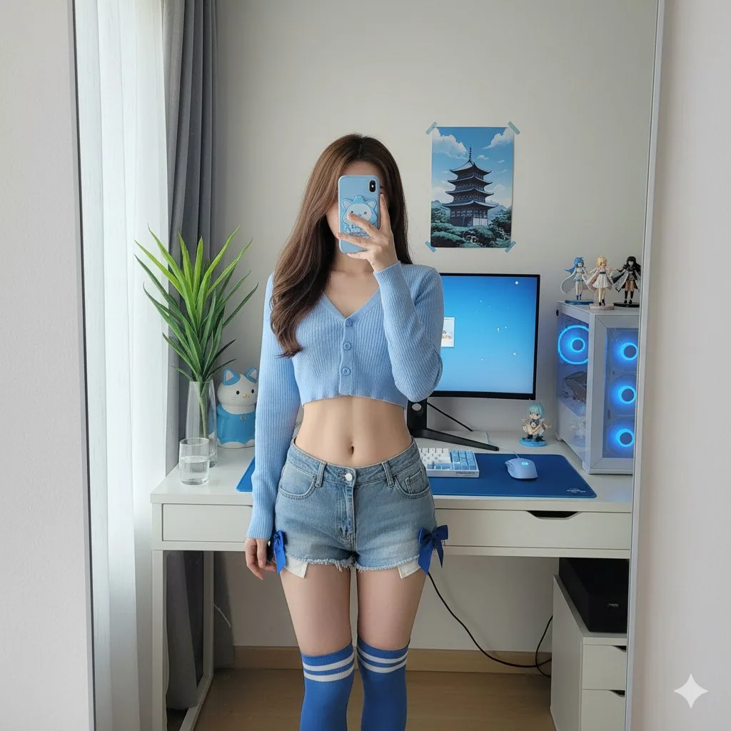 Young woman taking a mirror selfie in a blue-themed otaku computer room.