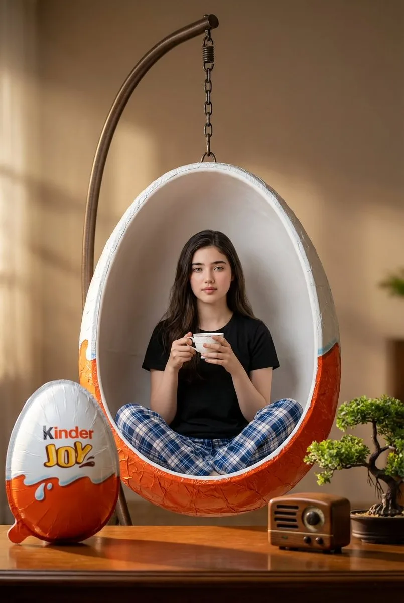 A woman sitting inside a giant open Kinder Joy egg swing chair.