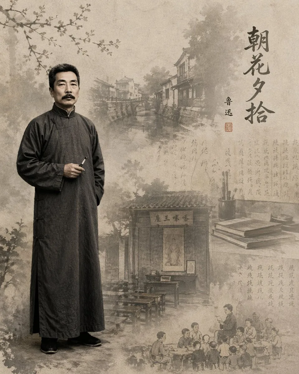 Full body portrait of author Lu Xun with a nostalgic literary background