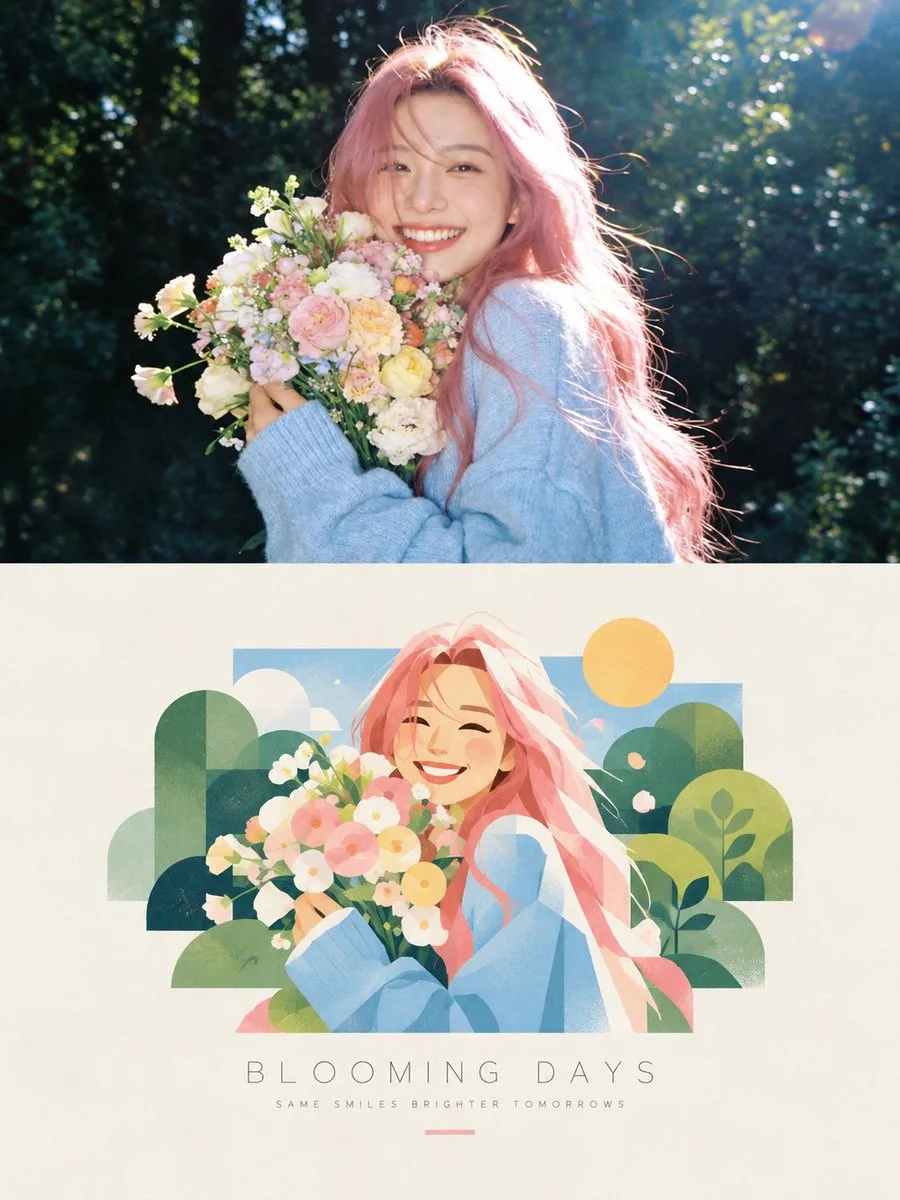 Split view showing a realistic photo above and a matching digital illustration below on ivory paper.