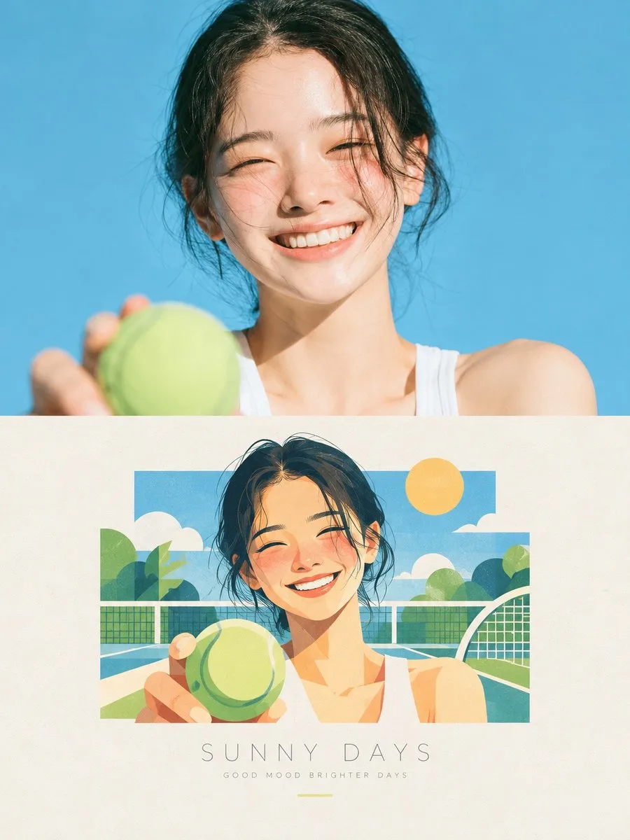 Split view showing a realistic photo above and a matching digital illustration below on ivory paper. (2)
