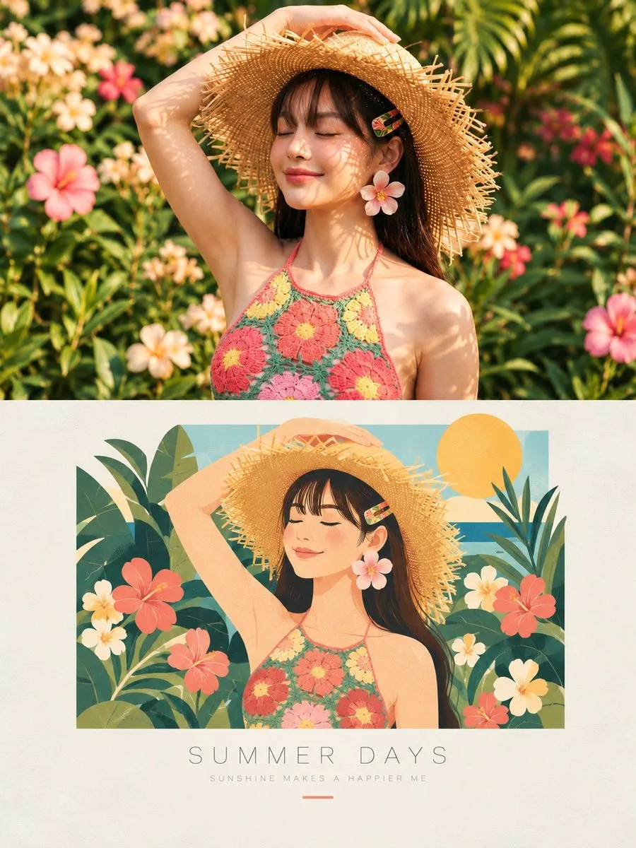 Split view showing a realistic photo above and a matching digital illustration below on ivory paper. (3)