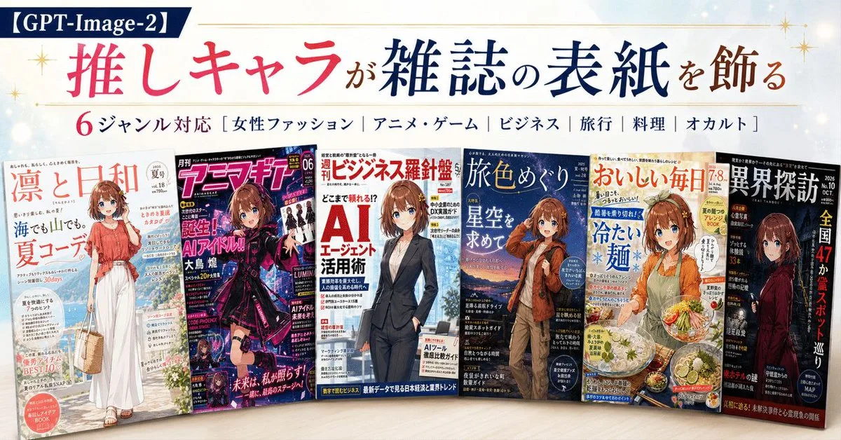 Six diverse Japanese magazine covers featuring the same anime character on a white background.