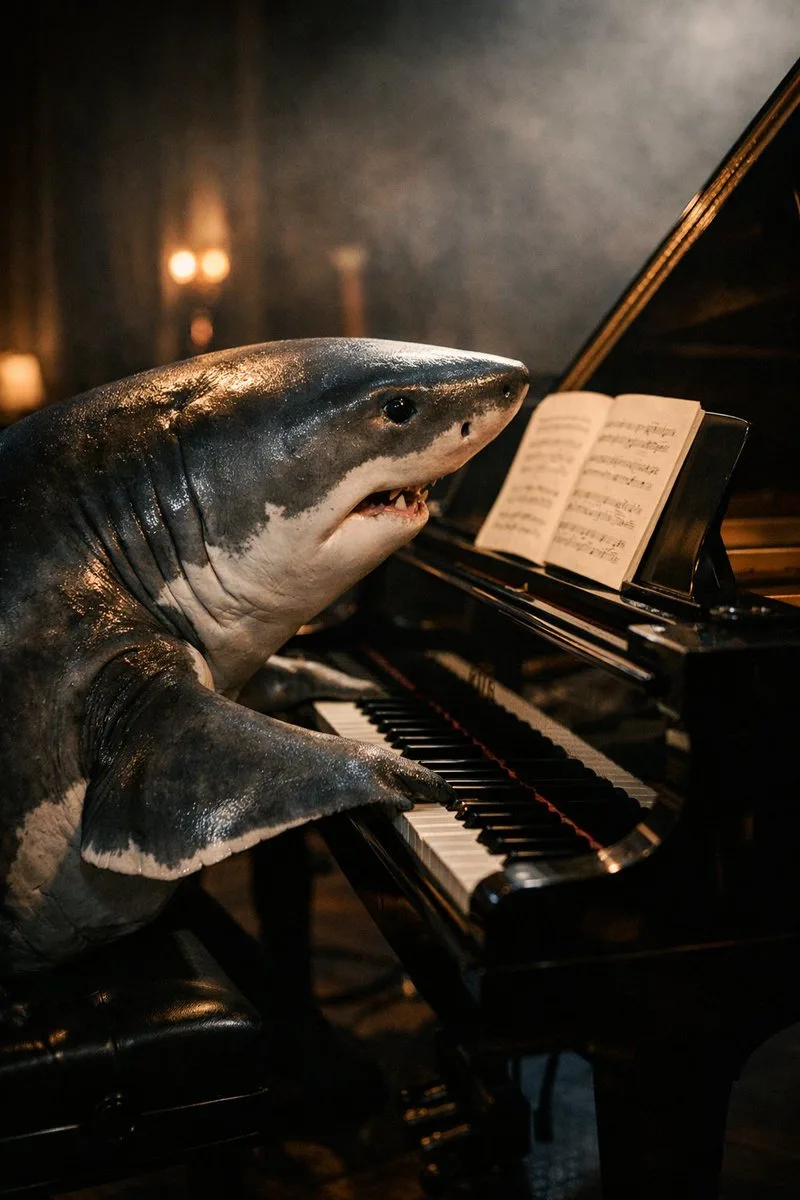 A realistic shark playing a grand piano in a surreal setting.