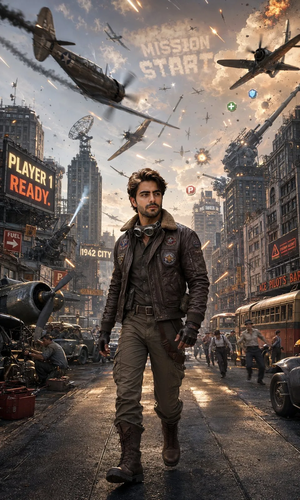 A pilot walking through a city with WWII fighter planes dogfighting in the sky.