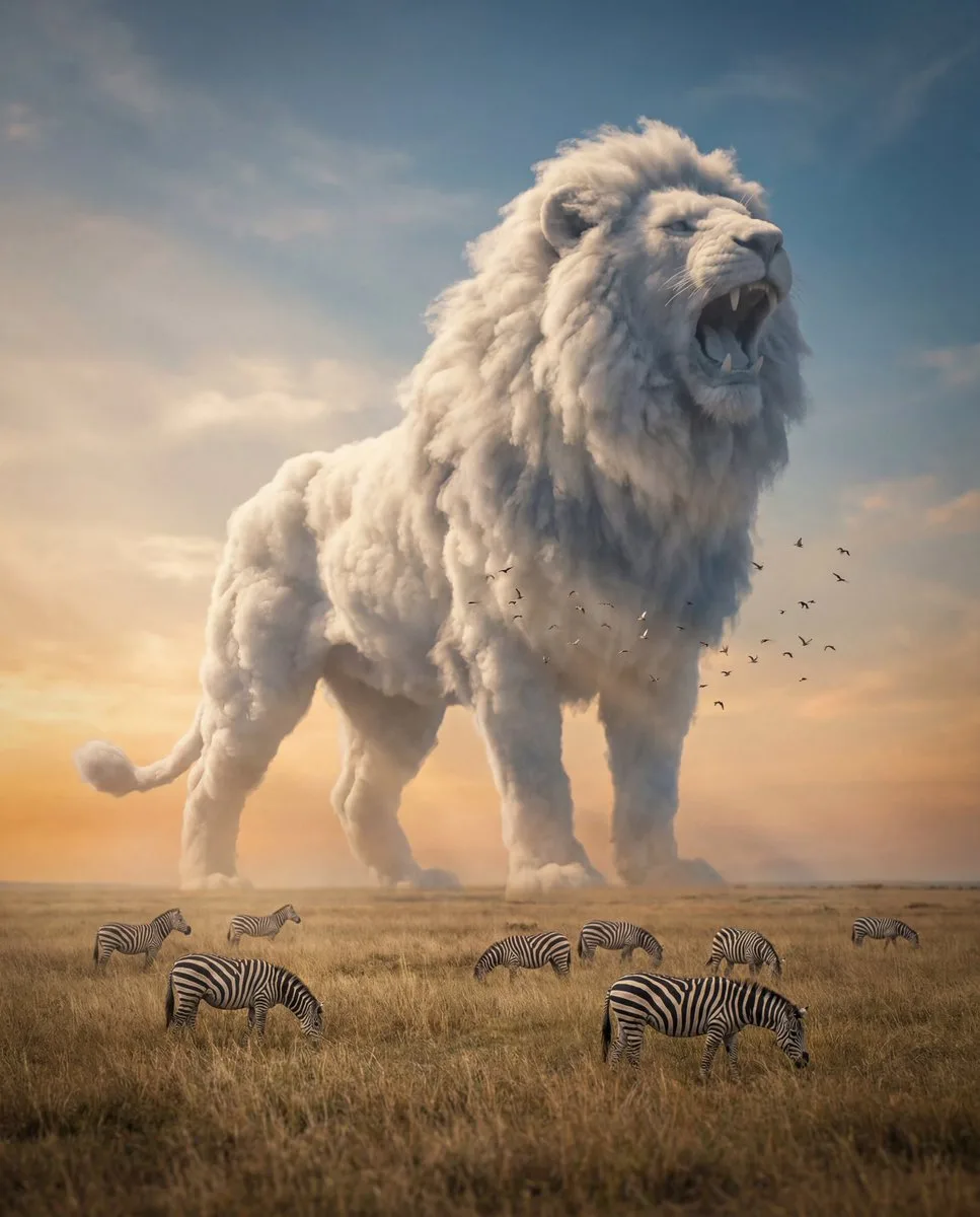 A giant elephant-shaped cloud formation floating over a savanna with grazing zebras.