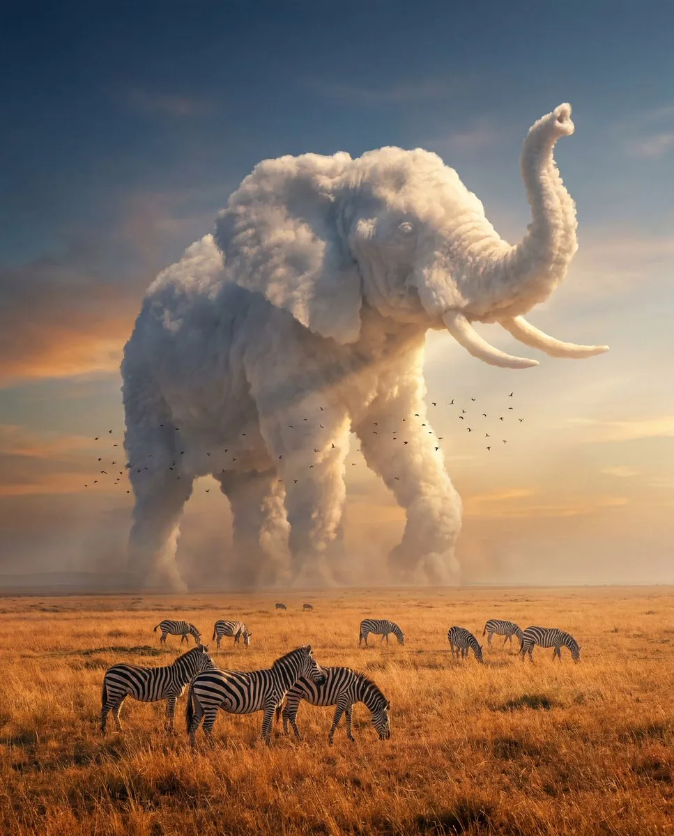 A giant elephant-shaped cloud formation floating over a savanna with grazing zebras. (2)